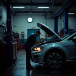 Mechanic working on a car at night in a 24 hour car service center