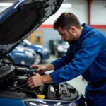 Mechanic inspecting a car in a Park Slope auto repair shop