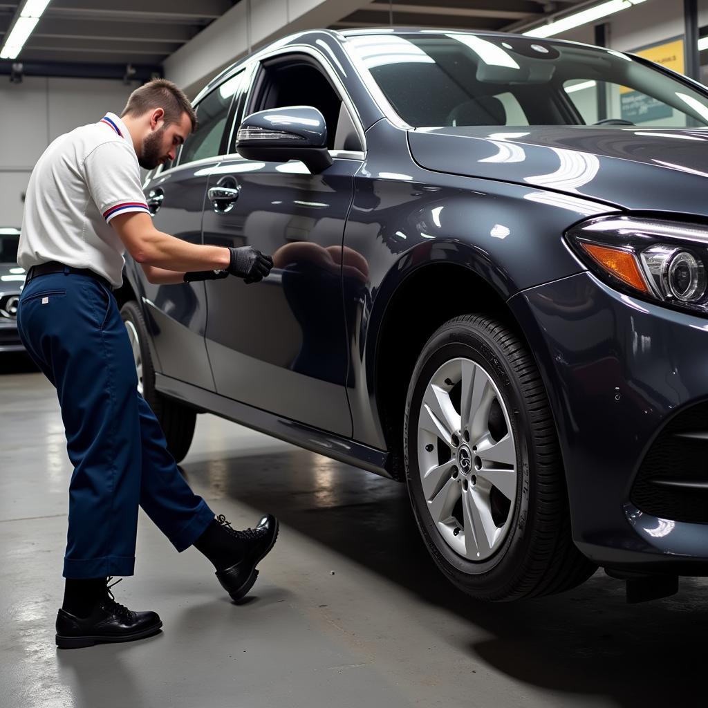  A technician installing new tires on a Mercedes-Benz A-Class