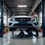 Mercedes-Benz A-Class undergoing an undercarriage inspection on a lift