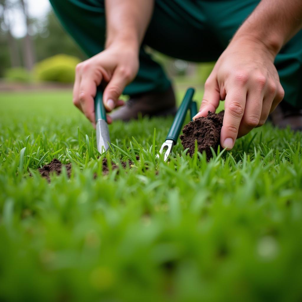 Lawn care professional inspecting grass health in Wesley Chapel