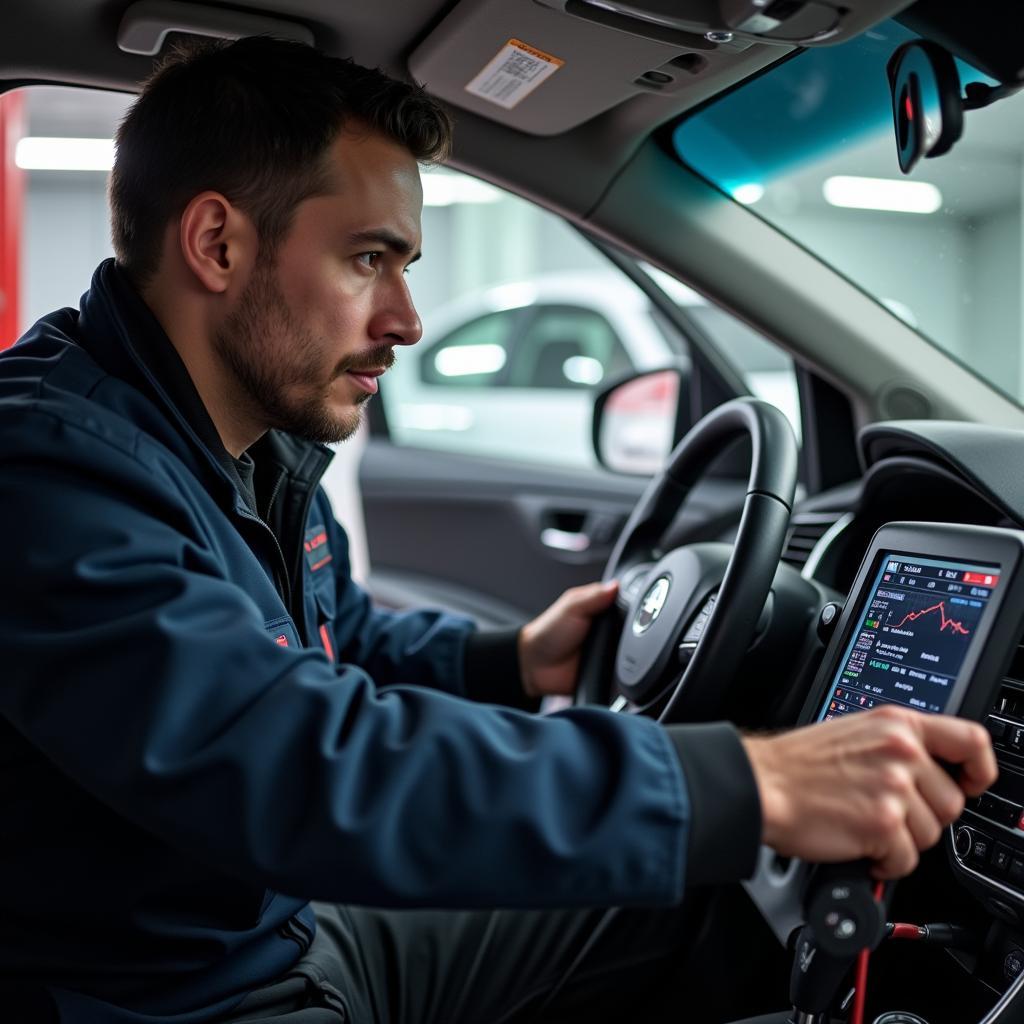 Skilled technician performing car diagnostics at an A&A car services centre