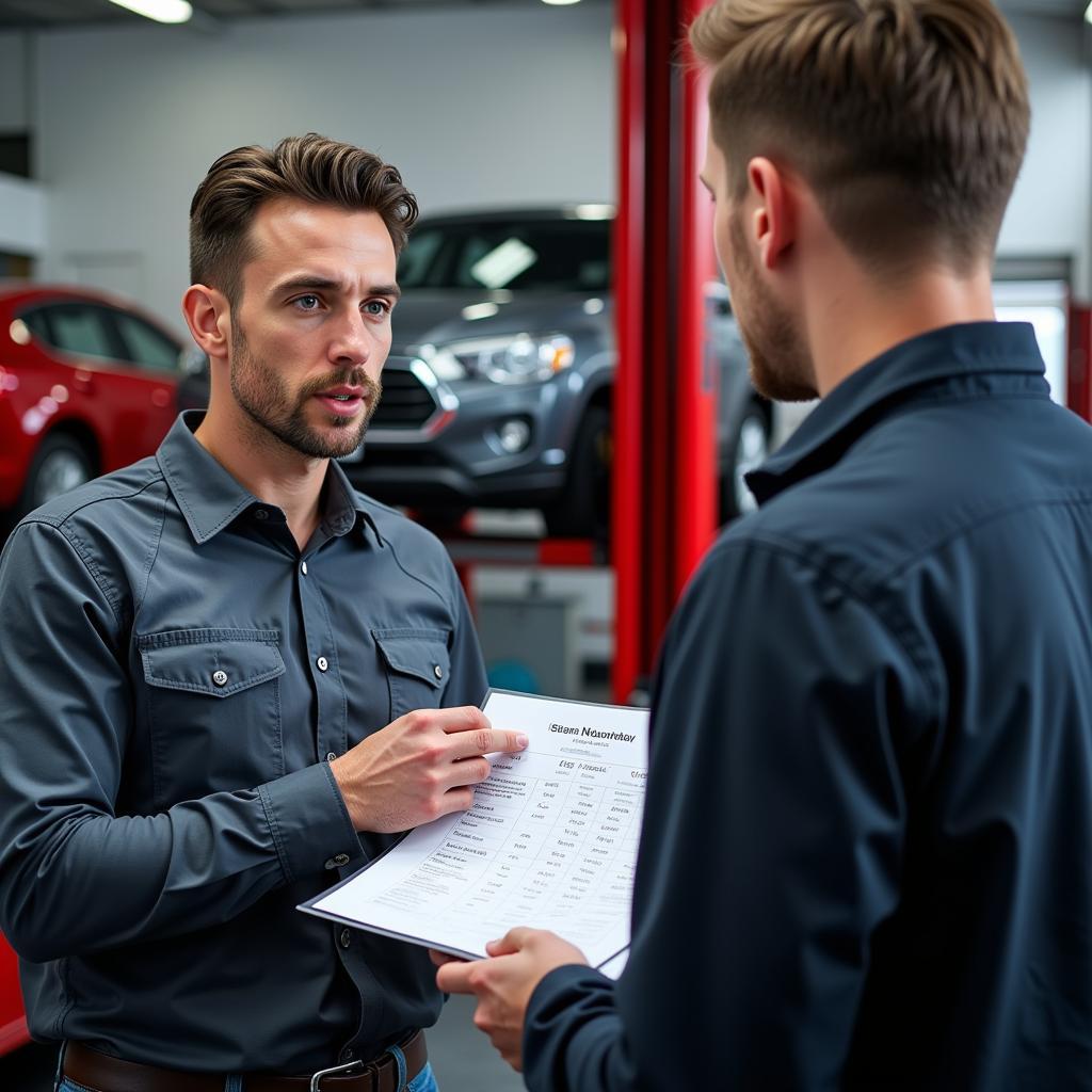 Mechanic discussing car service costs with customer in Abbeyhill garage