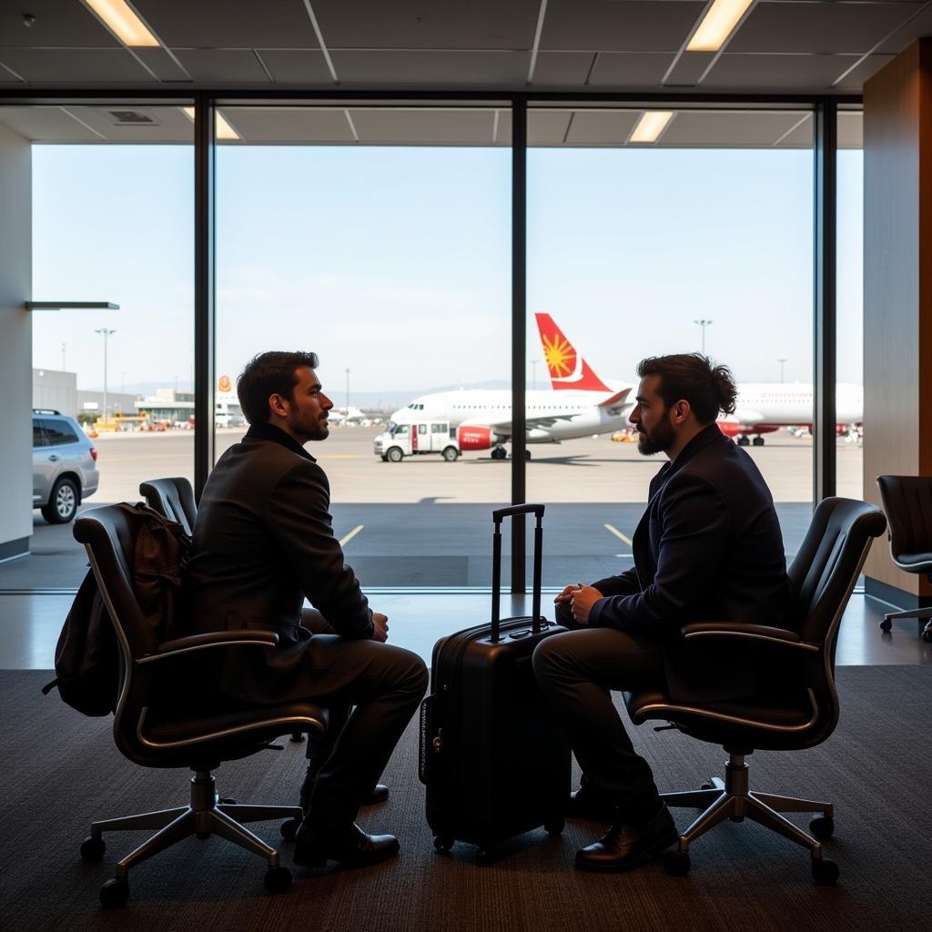 Travelers at ABQ airport departure gate with luggage