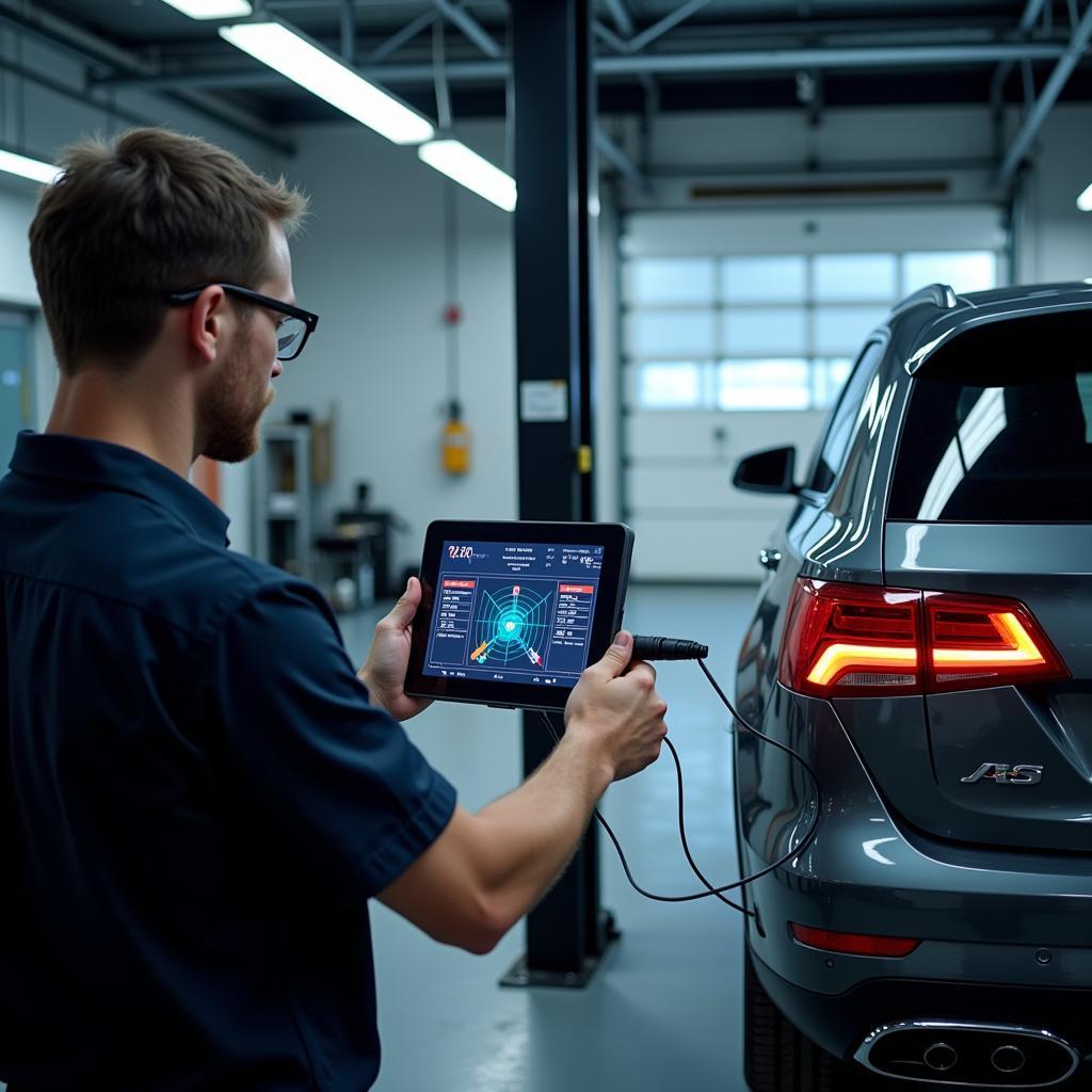 Technician calibrating ADAS sensors