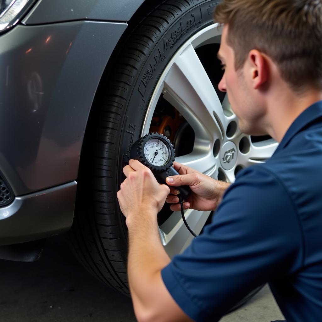 Adelaide mechanic checking tire pressure with a gauge