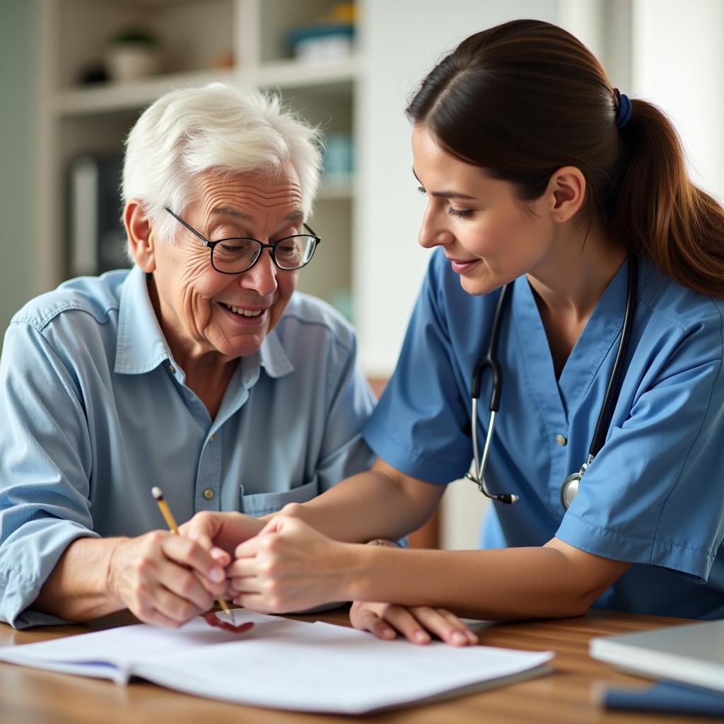 A caregiver assisting a senior in an adult day care setting.