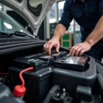 Mechanic installing a car battery in Rhode Island