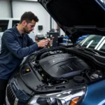 Technician working on a luxury car engine