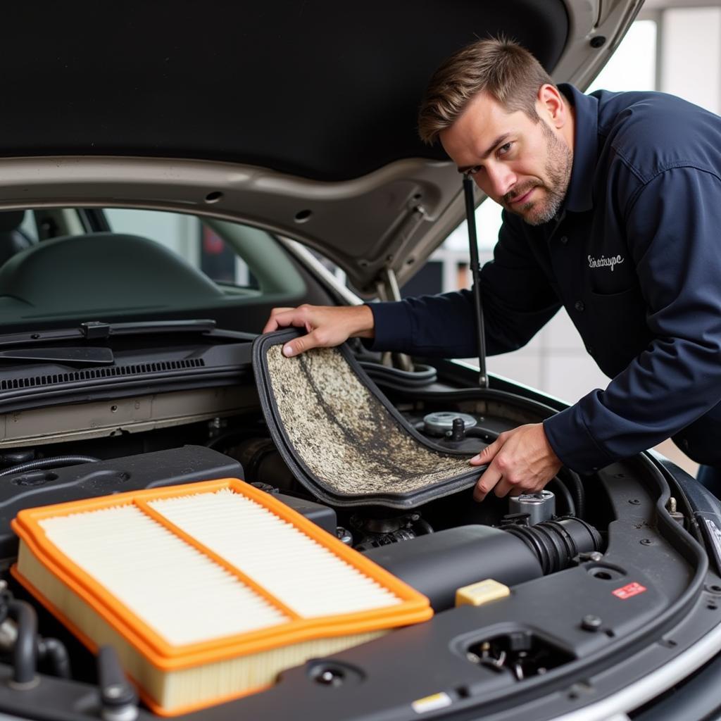 Mechanic replacing car air filter during a service