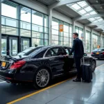 Airport Car Service Ardsley NY: Black car parked at airport curbside with chauffeur assisting passenger with luggage