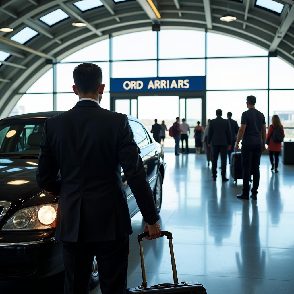 Passengers arriving at ORD Airport with luggage, being greeted by a chauffeur