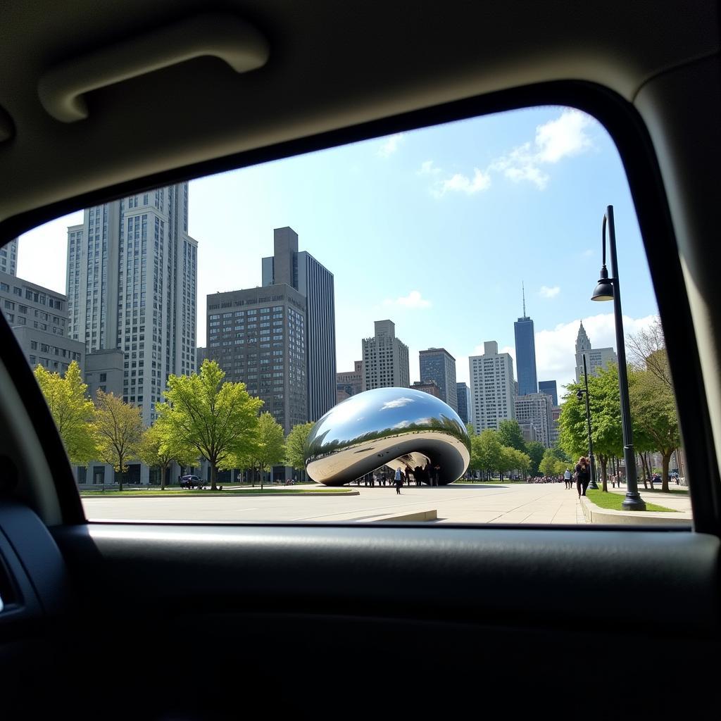 A luxury car driving past iconic Chicago landmarks, showcasing the city's skyline