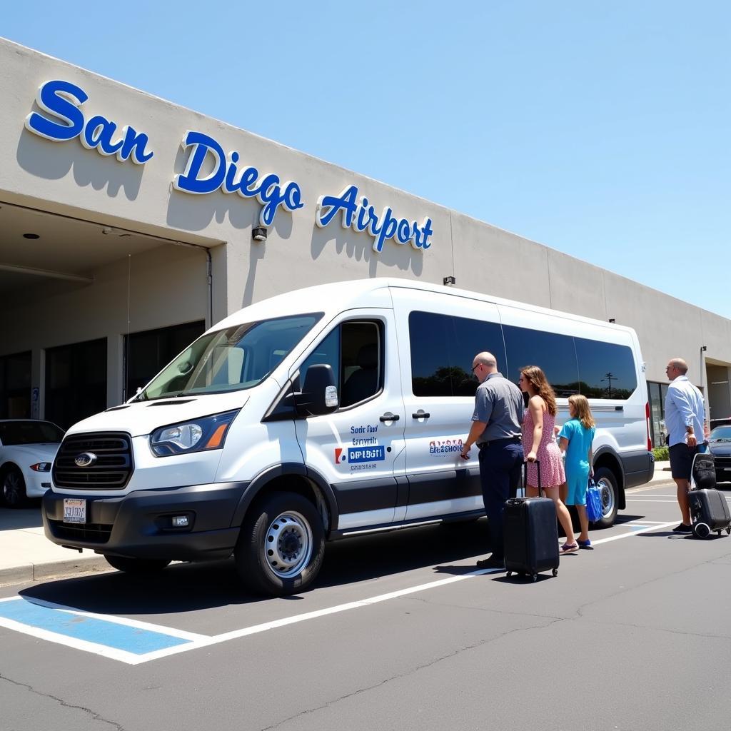 Airport shuttle waiting outside San Diego International Airport