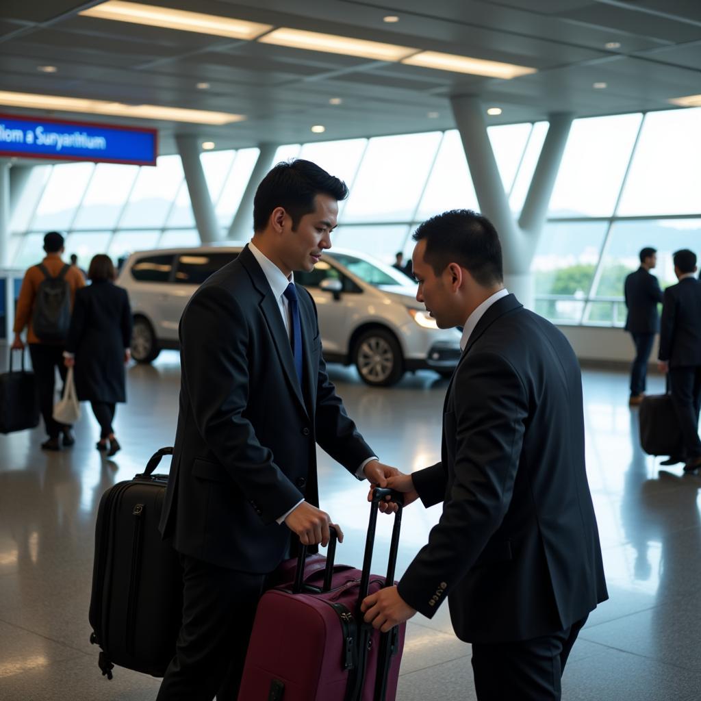 A chauffeur assisting a passenger with luggage at Suvarnabhumi Airport in Bangkok