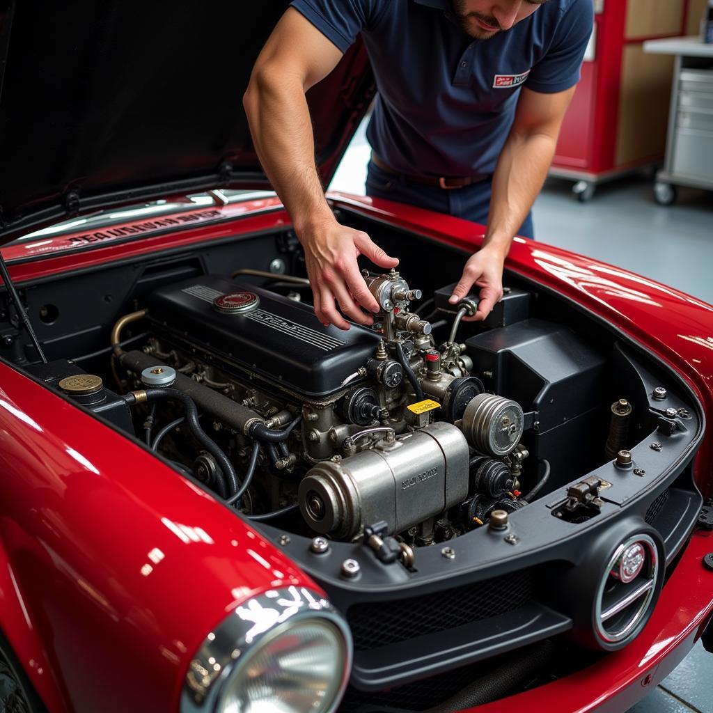 Close-up of an Alfa Romeo engine being repaired in an Auckland service center