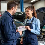 Mechanic handing a coupon to a car owner