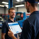 Customer giving positive feedback on a tablet to mechanic