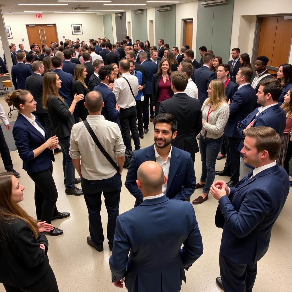 Alumni connecting at a graduate business school networking event