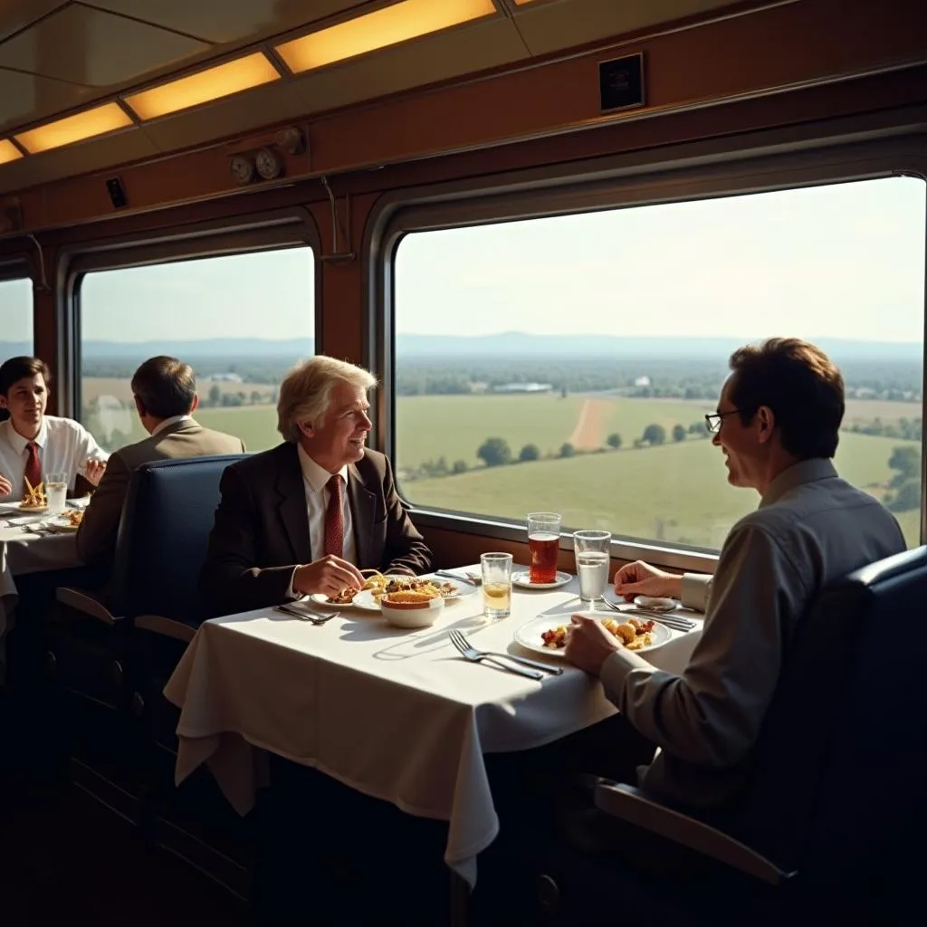 Passengers enjoying a meal with a scenic view in an Amtrak Viewliner Dining Car