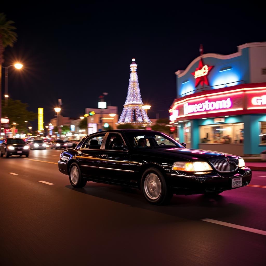 Anaheim town car driving through city at night