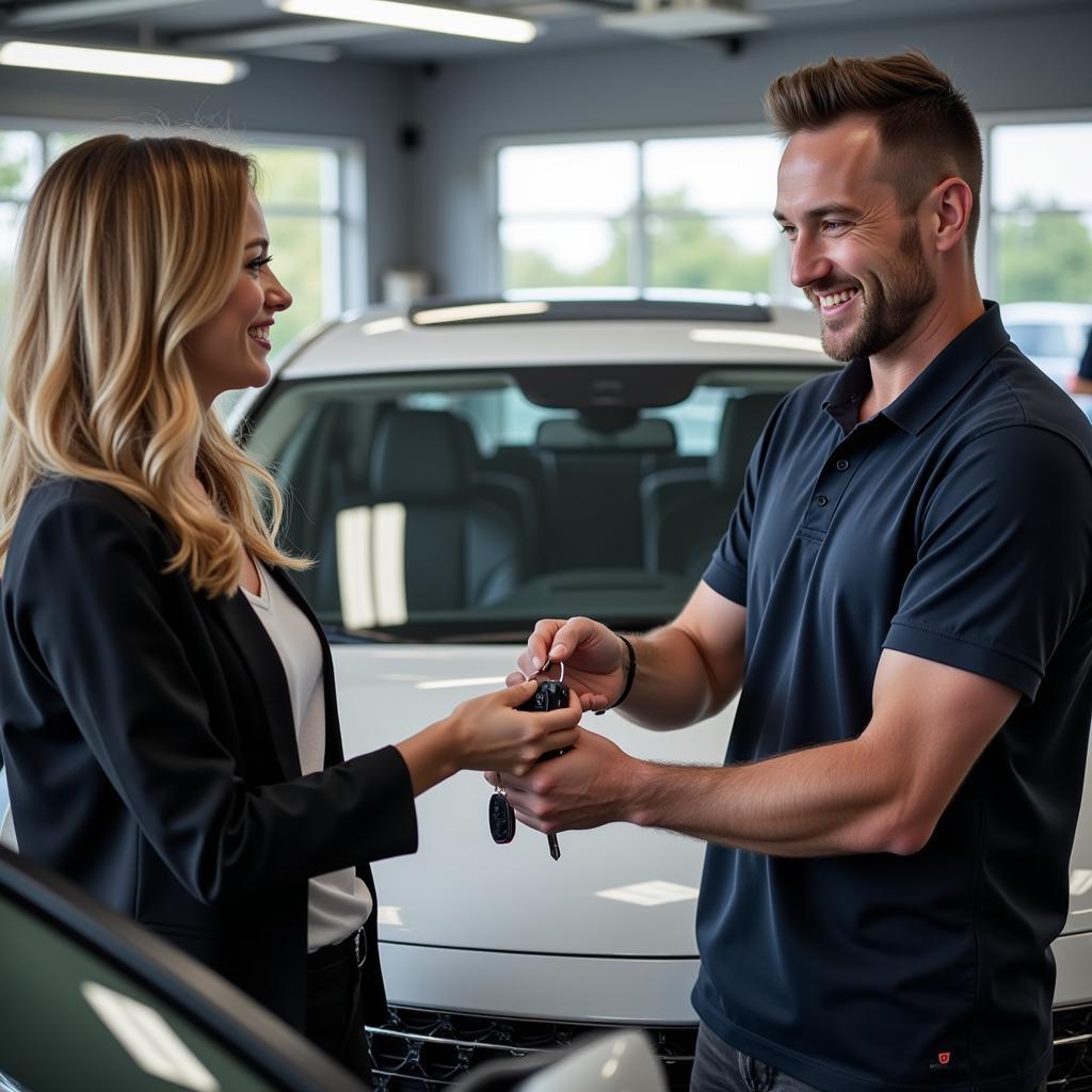 Happy customer receiving their car after service in Andover