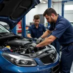 Skilled technicians working on a car engine