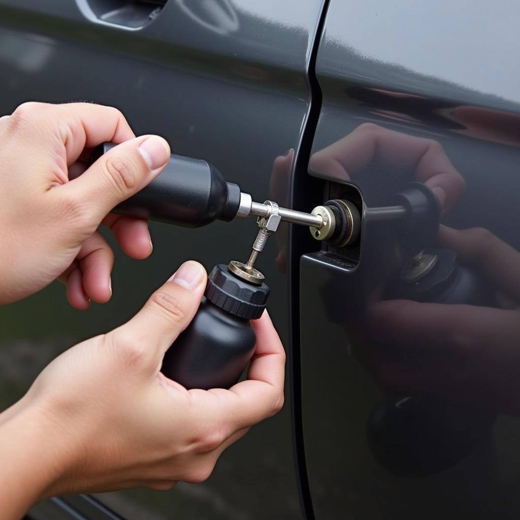 Applying grease to a car door hinge using a grease gun