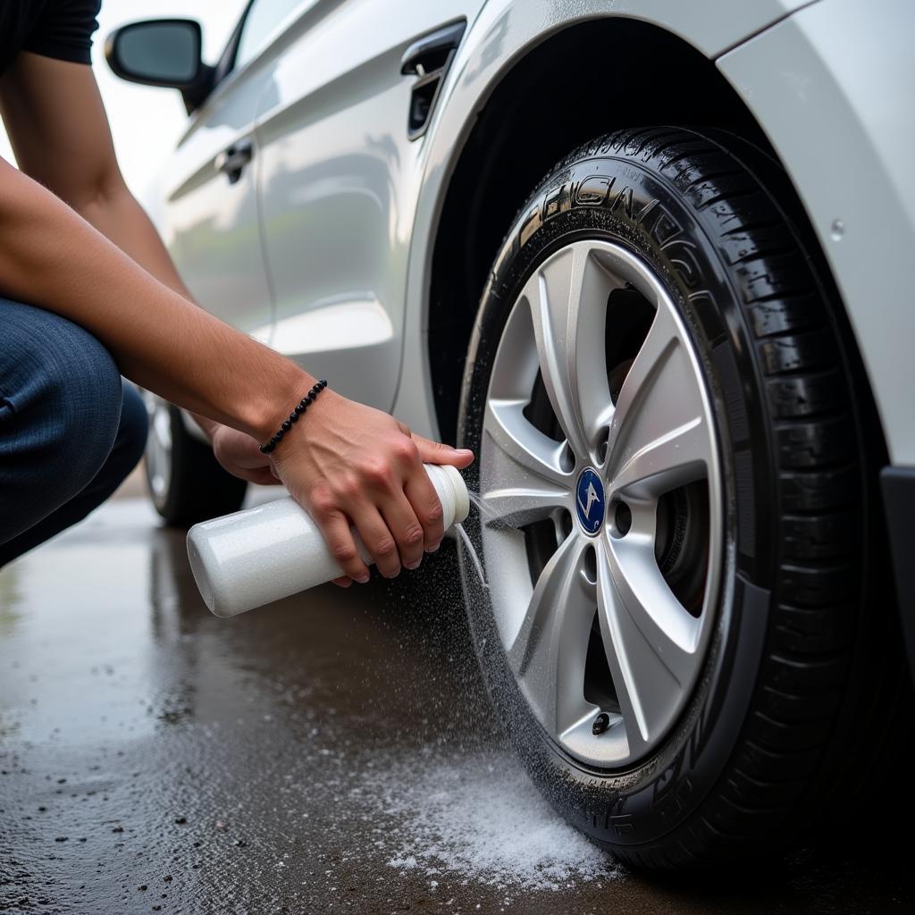 Applying tire shine at a car wash