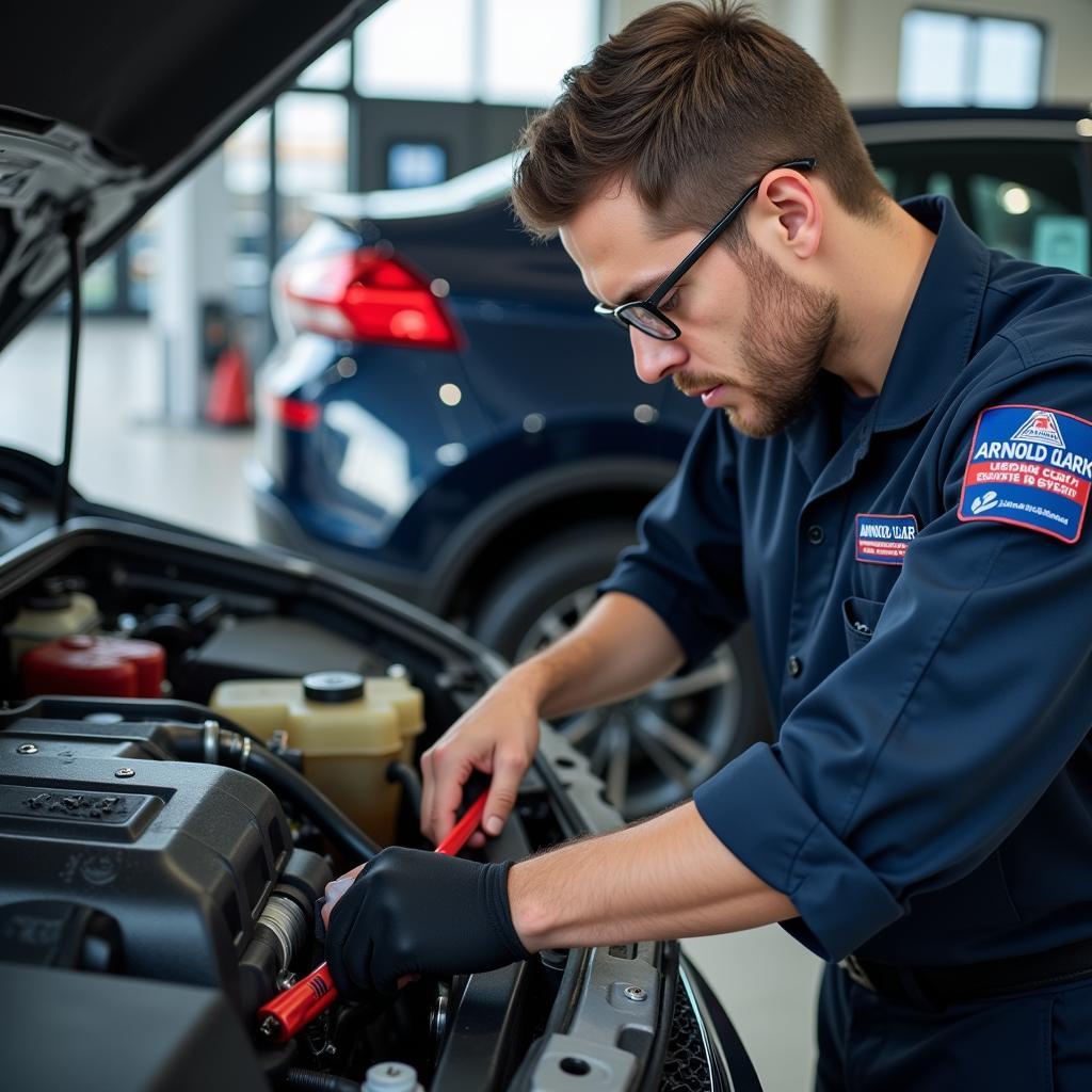 Skilled technician performing a routine check-up on a used car at Arnold Clark