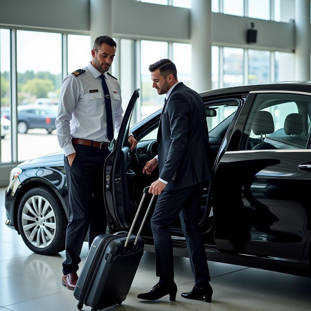 Chauffeur loading luggage into a black car at the Asheville Regional Airport