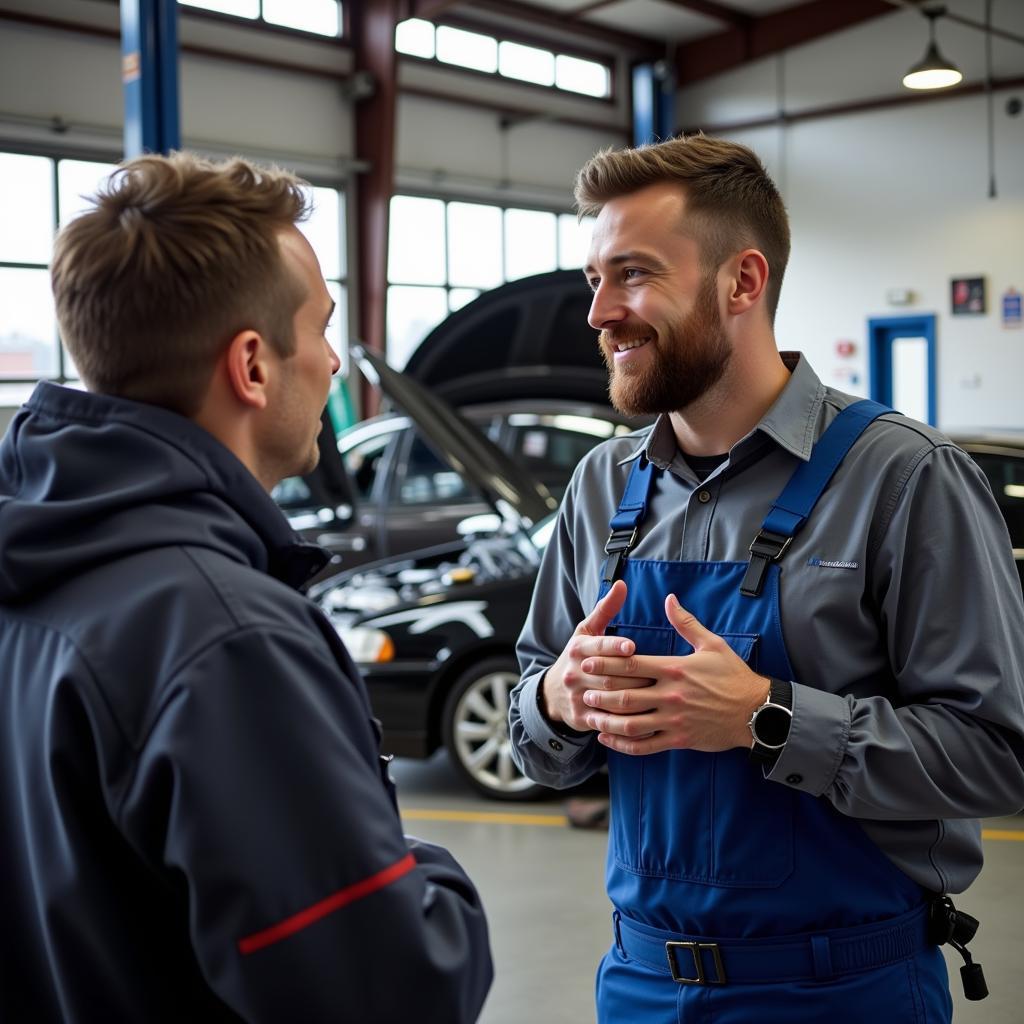  Customer discussing car service needs with a mechanic in Asheville 