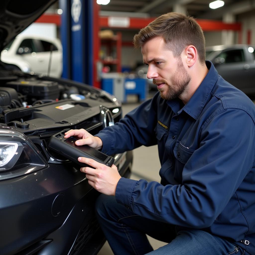 Skilled car mechanic performing vehicle inspection in Ashton-in-Makerfield