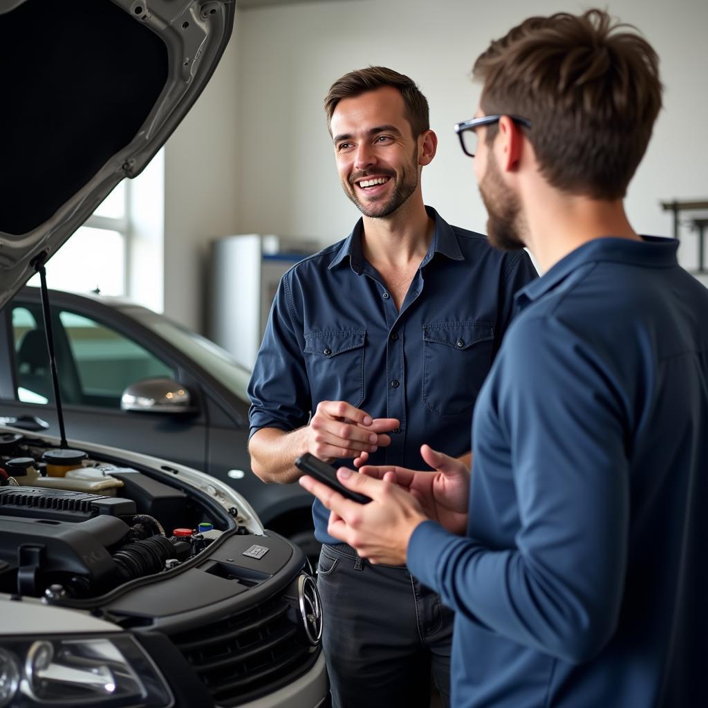 Car service advisor discussing car maintenance with a customer in Ashton-in-Makerfield