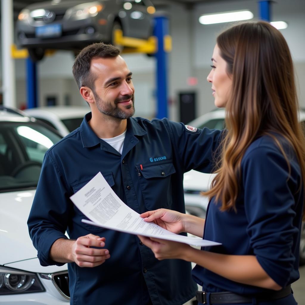 Car service technician explaining service details to a customer