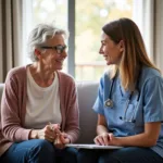 A senior woman talking to a home care professional about her needs