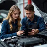 Assistant service manager reviewing car diagnostics with a technician