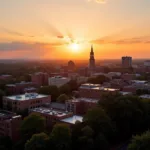 The skyline of Athens, GA at sunset.