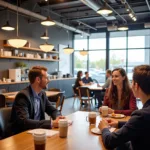 Customers enjoying coffee in a modern car dealership lounge