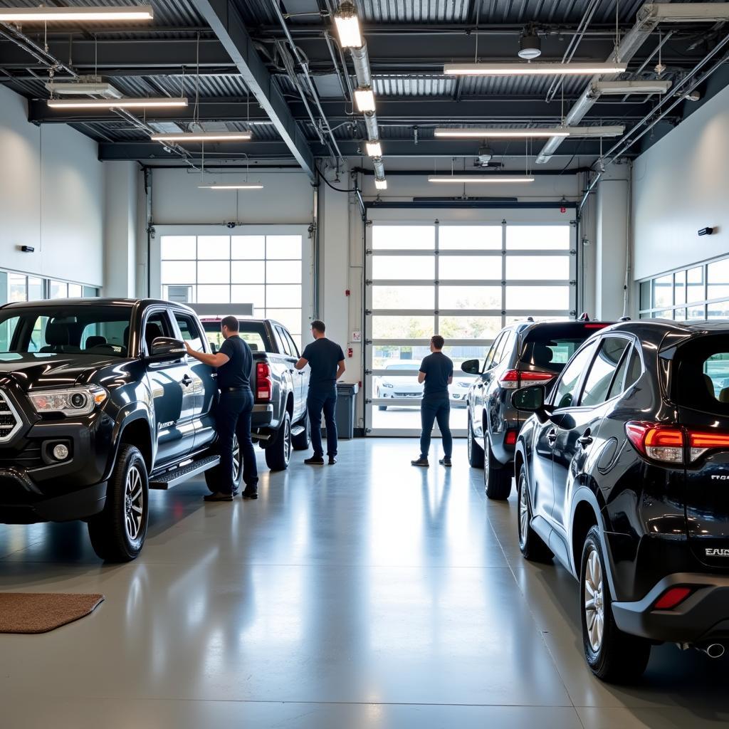 Modern Atlantic Toyota service center with vehicles being serviced