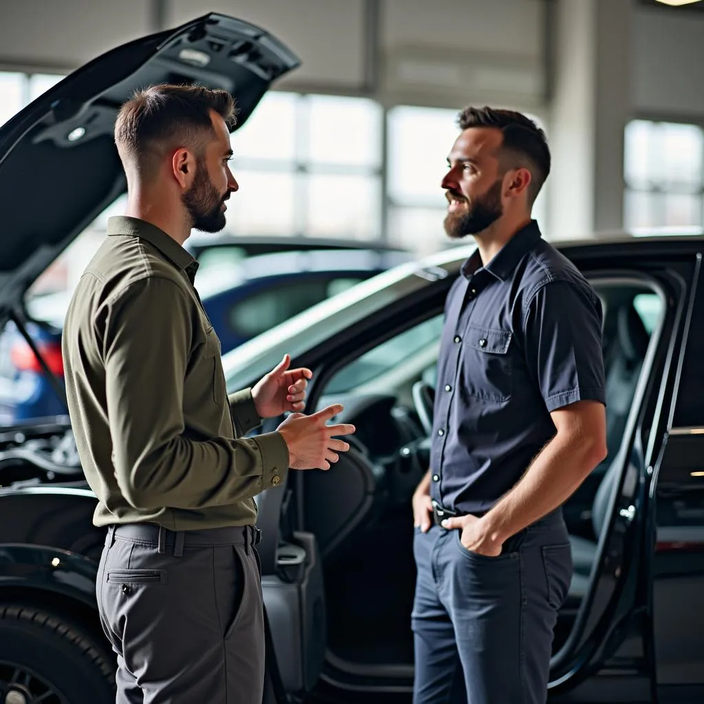 Customer talking to a mechanic about car repairs at an ATT car service center