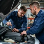 Mechanic inspecting a car engine during an ATT car service