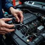 A mechanic performing a comprehensive check-up on an Audi engine