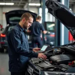 Audi Mechanic Inspecting Engine