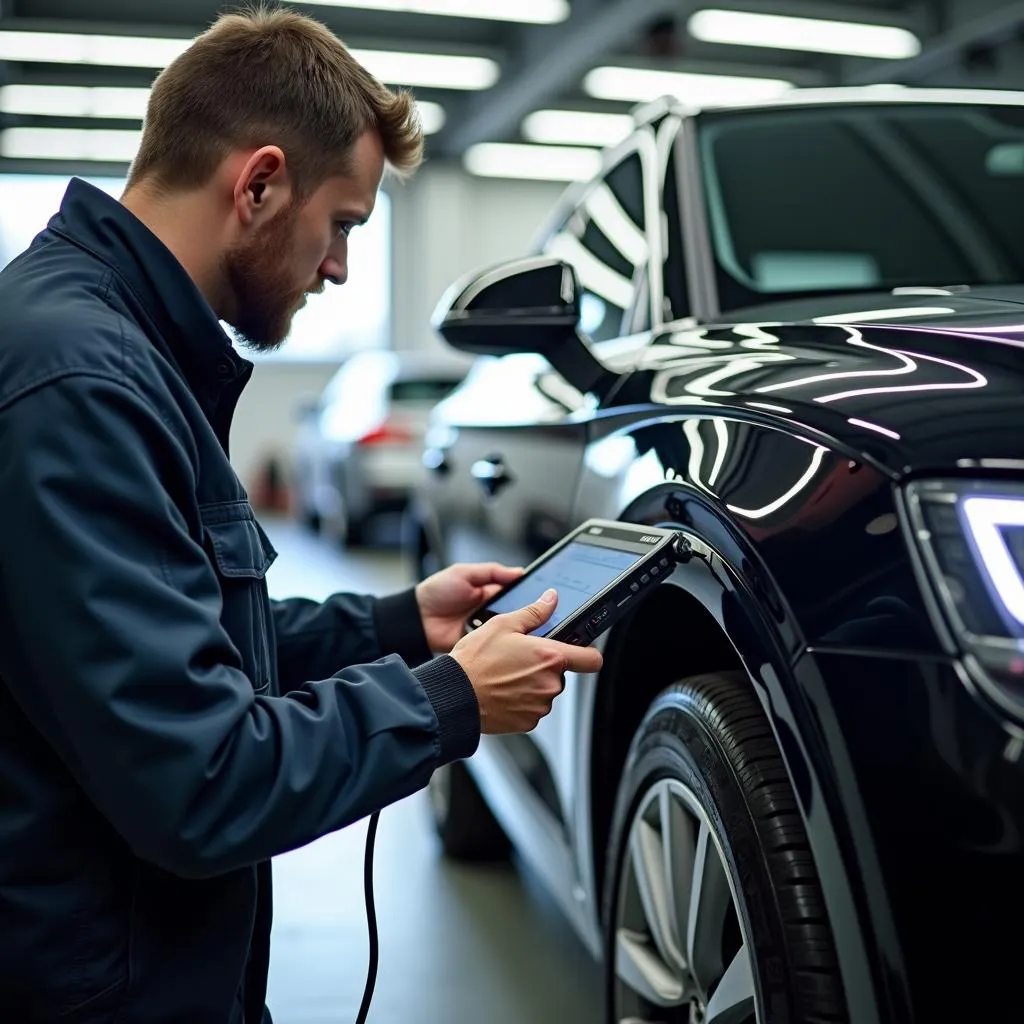 Audi mechanic using a diagnostic tool to analyze vehicle data