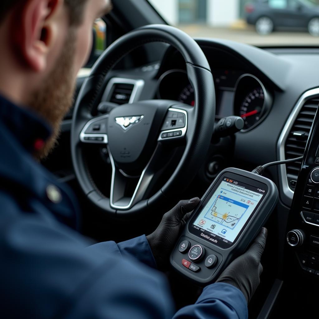 Technician using a diagnostic tool on a car