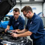 Skilled technicians working in an authorised car service center