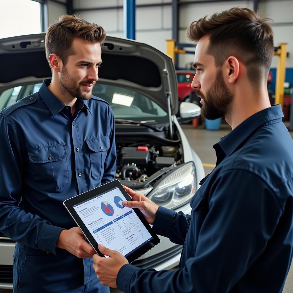 Auto shop employee explaining repair details to a customer