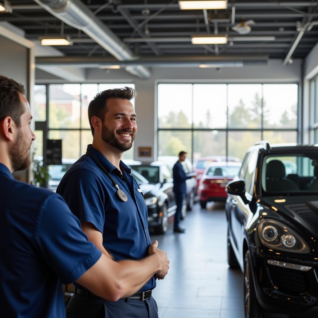 Auto shop reception area with friendly staff