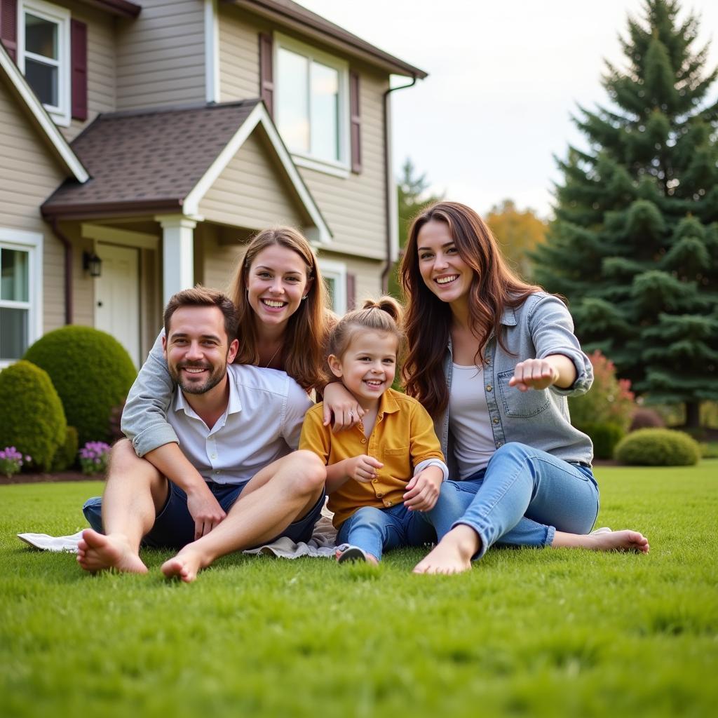 An average-income family enjoys their professionally maintained lawn.